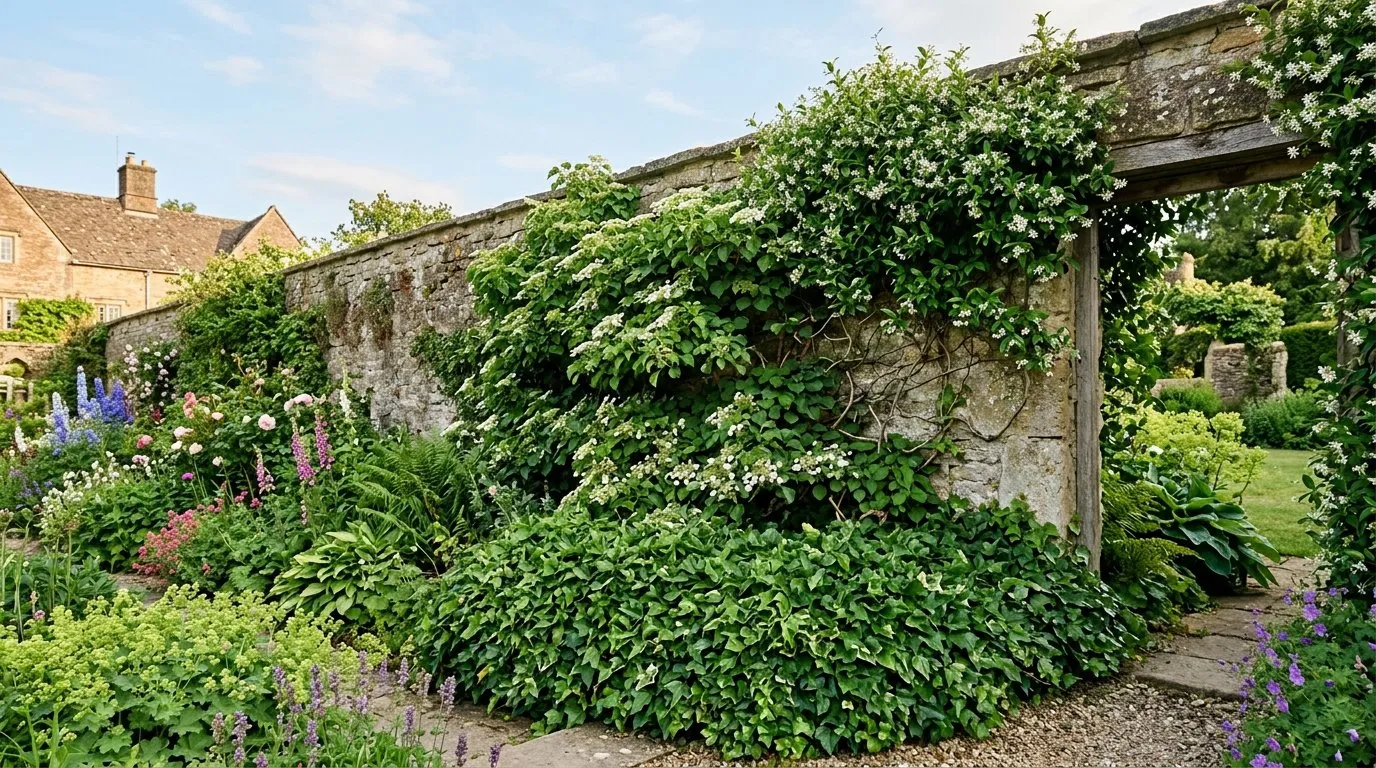 Layered evergreen climbers on a tall garden wall showing euonymus, jasmine, and akebia at different heights
