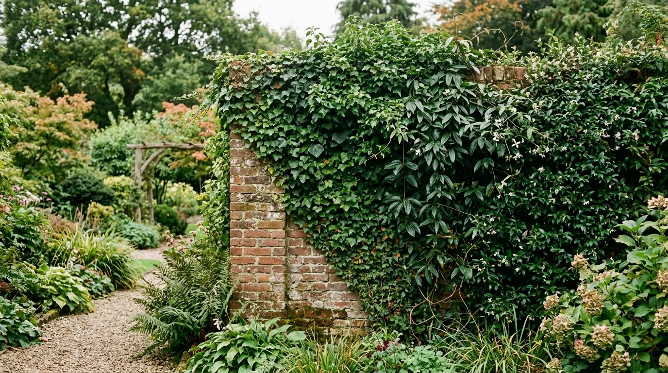Evergreen climbers covering an old brick wall in a UK garden with glossy foliage and white flowers