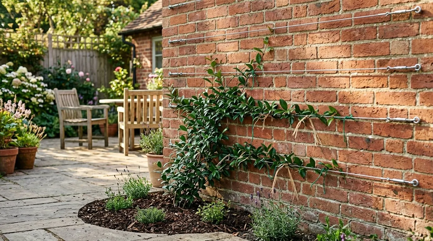 Evergreen climbers trained on horizontal wires against a sunny south-facing brick wall in a UK garden