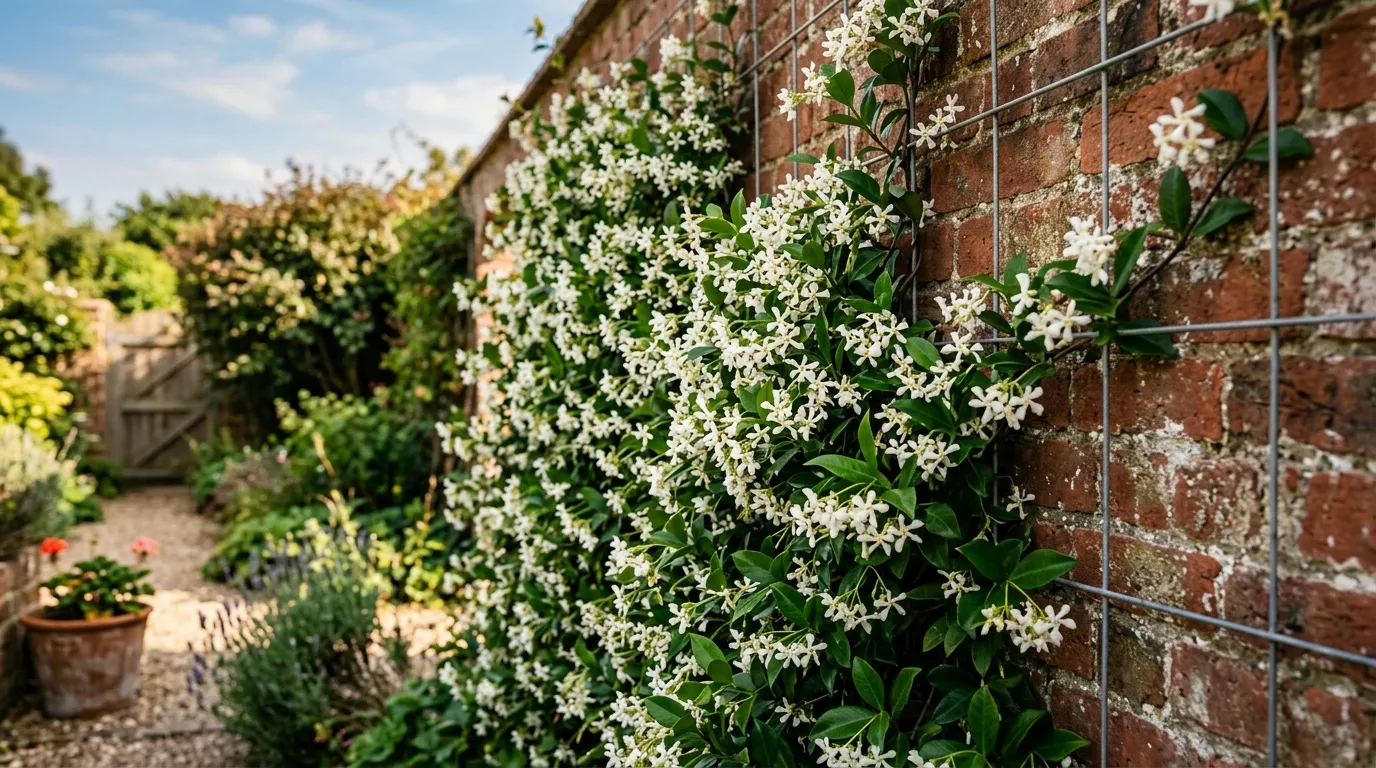 Evergreen climbers trained on horizontal wires against a sunny south-facing brick wall in a UK garden