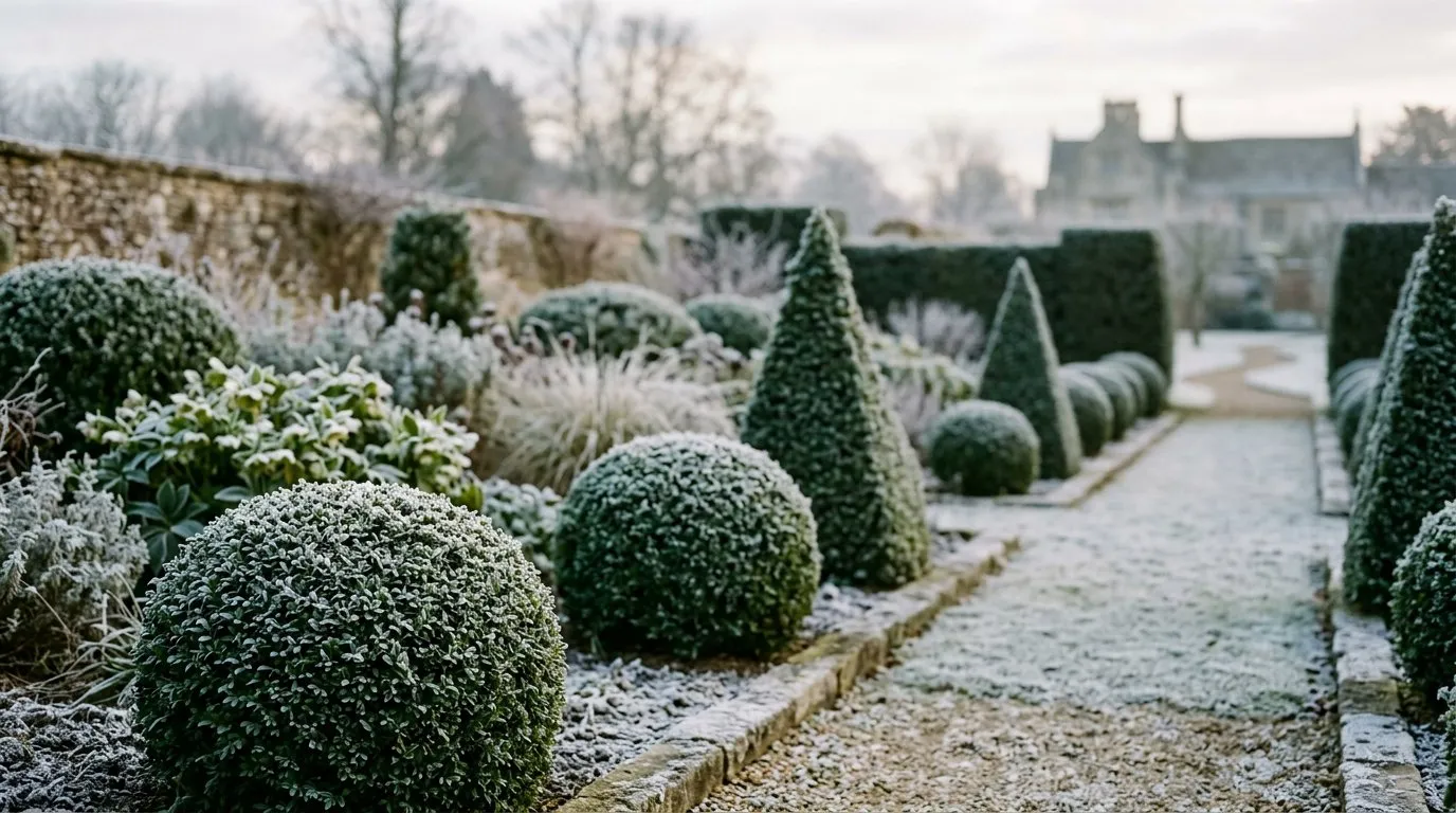 Evergreen shrub box topiary clipped into formal balls and cones in a frosty UK garden