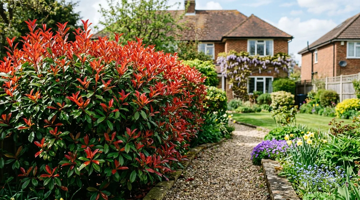 Evergreen shrub photinia Red Robin hedge with bright red new growth in a UK garden