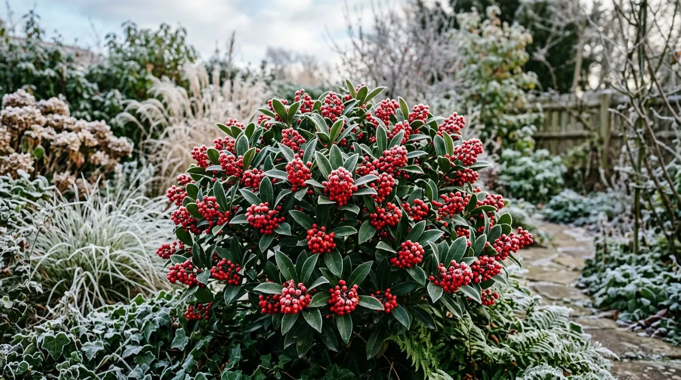Evergreen shrub skimmia with clusters of bright red berries in a UK winter garden