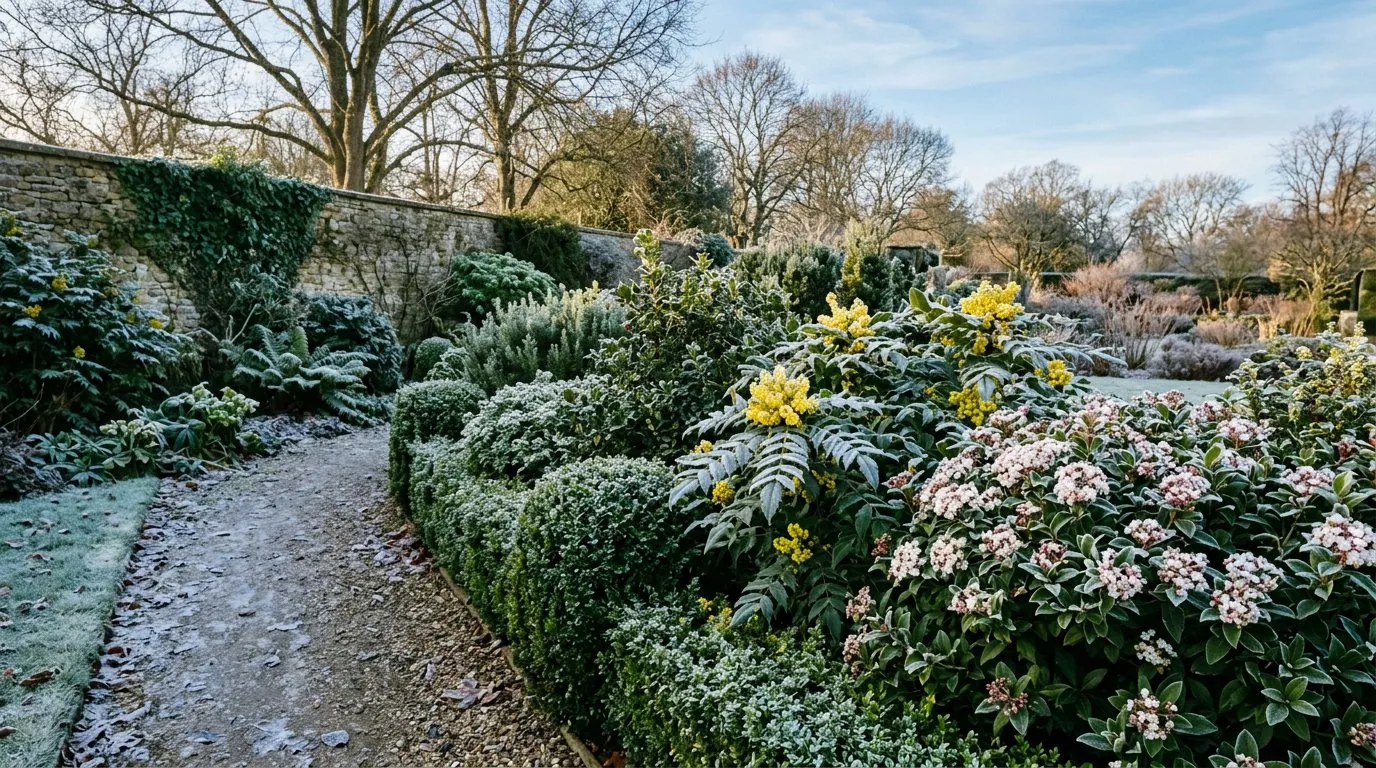 Photinia Red Robin with vivid scarlet new growth alongside dark glossy Viburnum tinus in a mixed UK shrub border