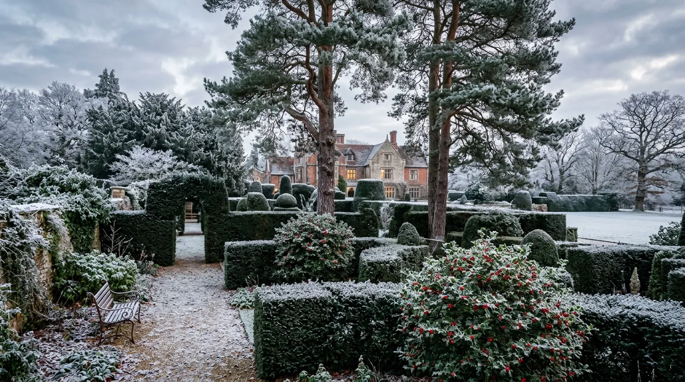 Best evergreen trees for UK gardens with mature holly and bay laurel in a Staffordshire border