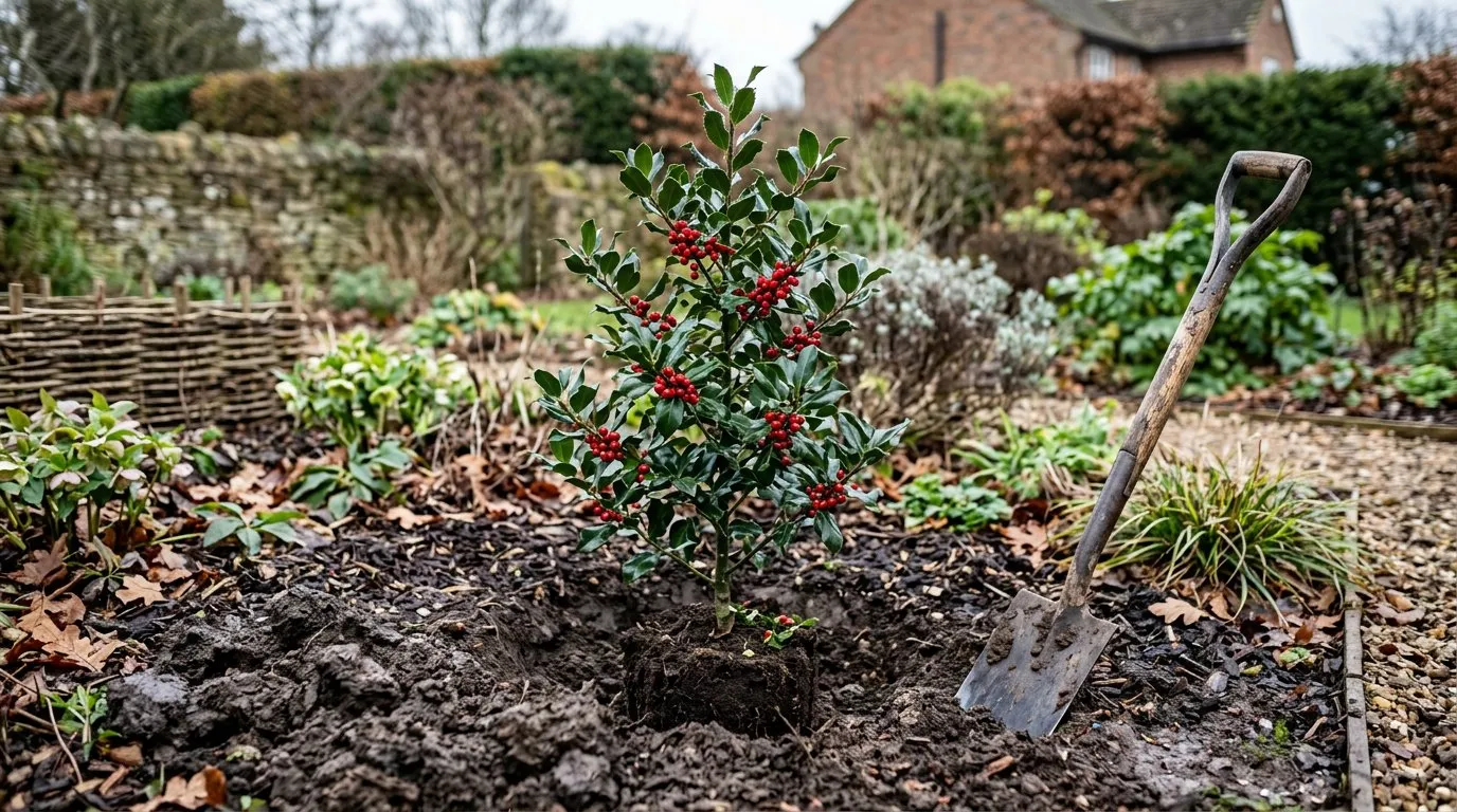 Best evergreen trees UK gardens with a newly planted holly in a clay soil garden bed