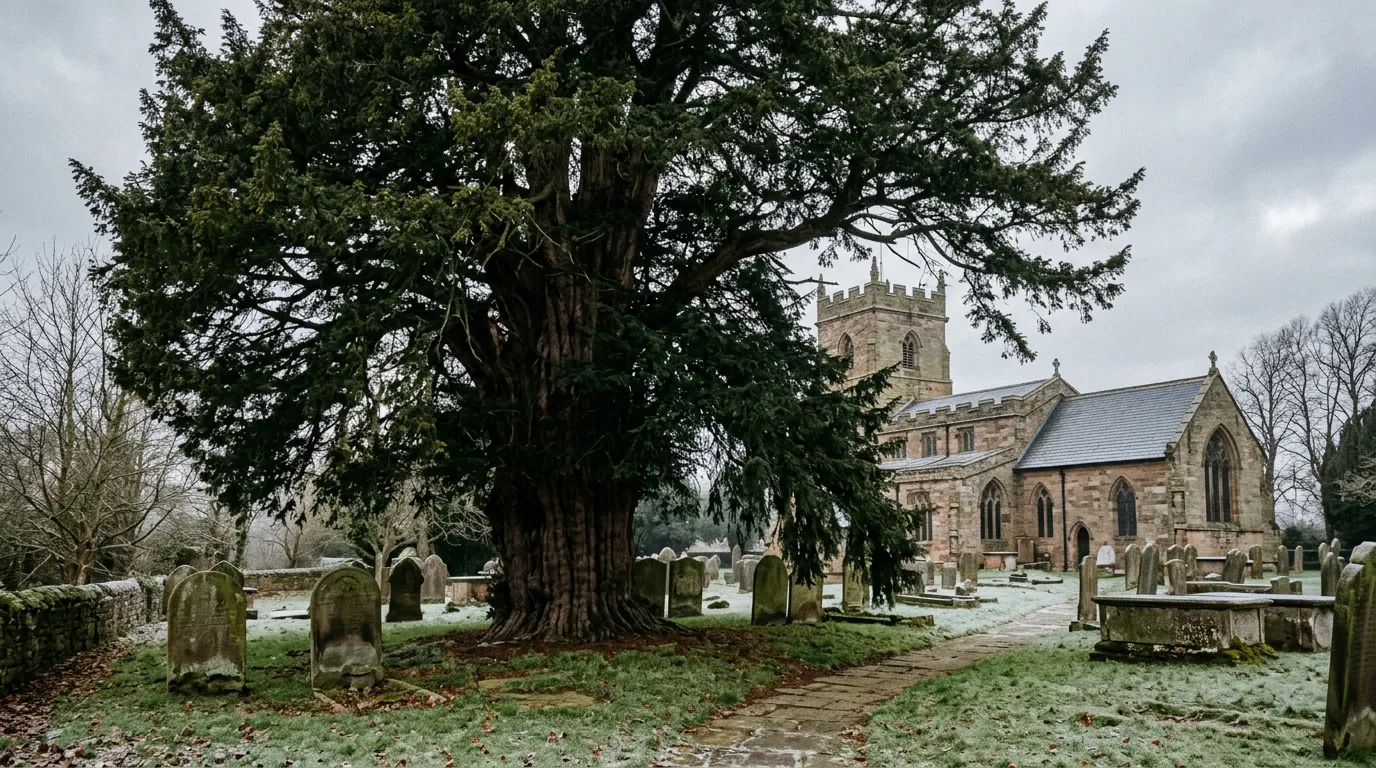 Best evergreen trees UK gardens with a mature yew tree in a Staffordshire churchyard
