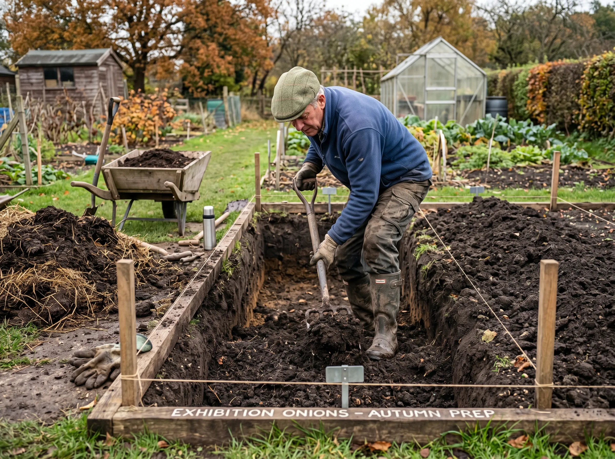 UK gardener preparing an exhibition onion bed in autumn - digging out the soil to 60cm depth, mixing in well-rotted farmyard manure and compost with a garden fork, the bed clearly marked with stakes for length, rich dark amended soil visible