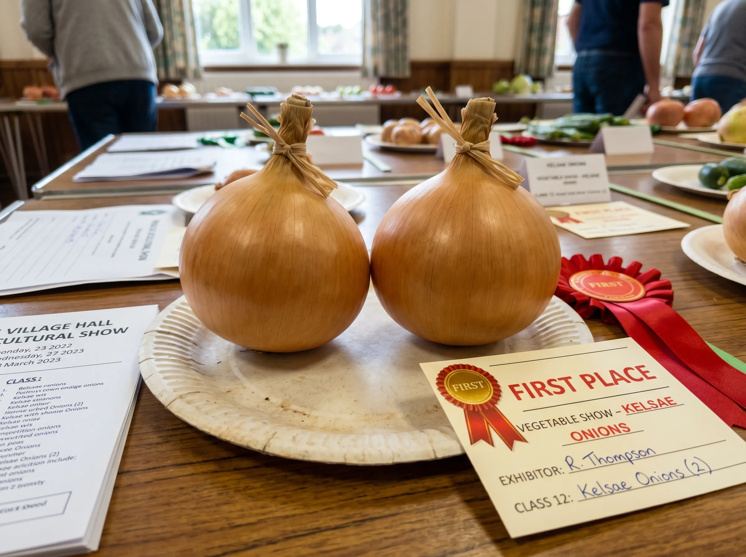 UK village hall show table close-up: a paper plate with two perfect matched Kelsae onions, golden-skinned, necks tied neatly with raffia, prize card with red ribbon for first place placed beside, show schedule visible at the table edge