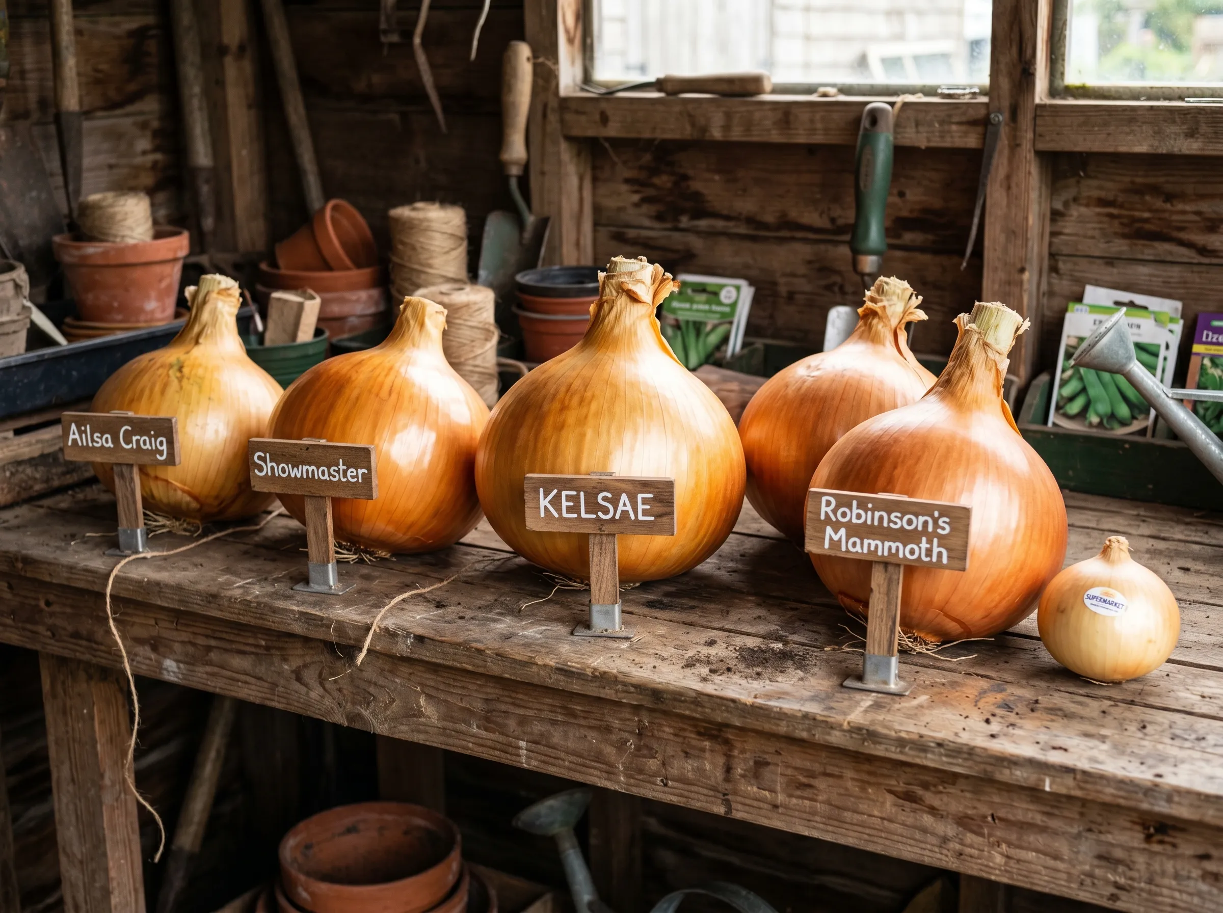 Close-up UK allotment shed photograph: six exhibition onions laid out on a wooden bench labelled with variety names - Kelsae centre, Robinson's Mammoth on the right showing its enormous size, Showmaster and Ailsa Craig on the left, all polished golden-skinned giants compared to a standard supermarket onion sitting beside them for scale