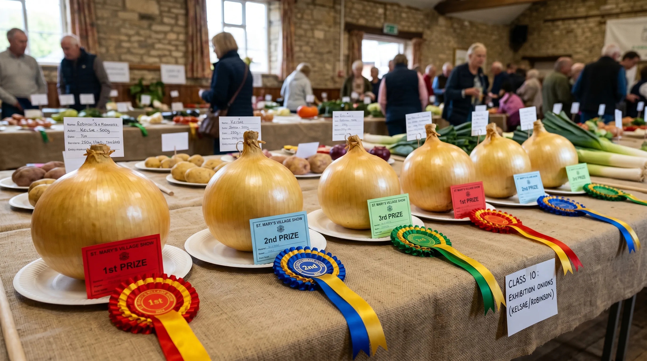 UK village show table with a row of perfect matched exhibition onions - Kelsae and Robinson's Mammoth varieties - polished golden globes 250-500g each, displayed on white plates with prize cards