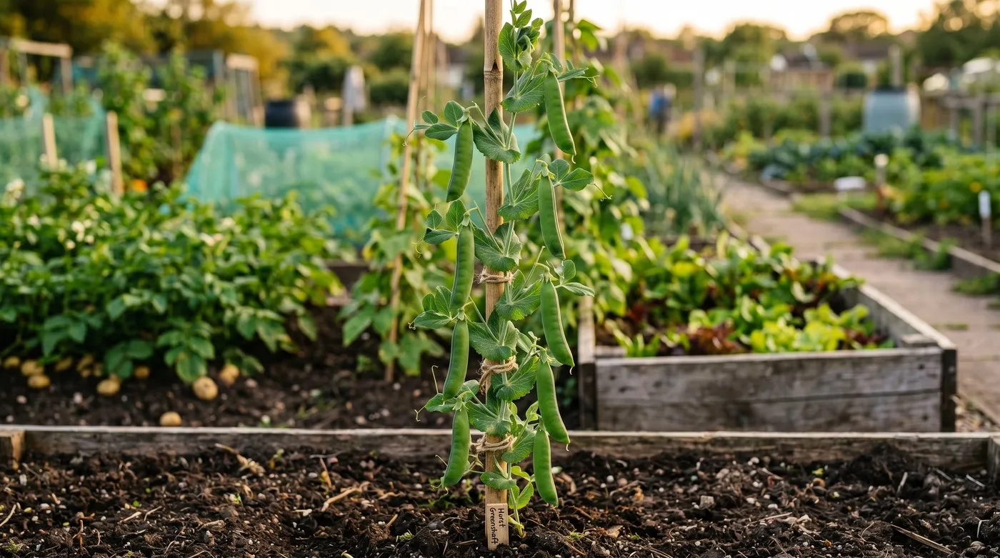 A single Hurst Greenshaft pea plant trained vertically on a 2.4m cane with no side-shoots, showing eight long fat pods evenly spaced along the stem, in a UK allotment