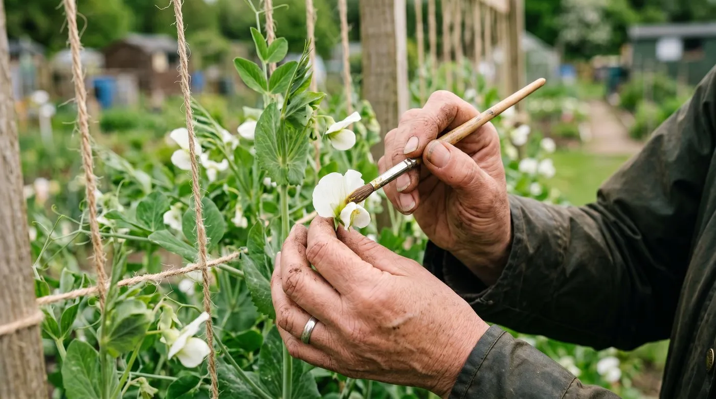 A close-up of a UK gardener's hand using a soft watercolour brush to pollinate an open white pea flower on a cordon-trained Hurst Greenshaft plant in a Staffordshire allotment