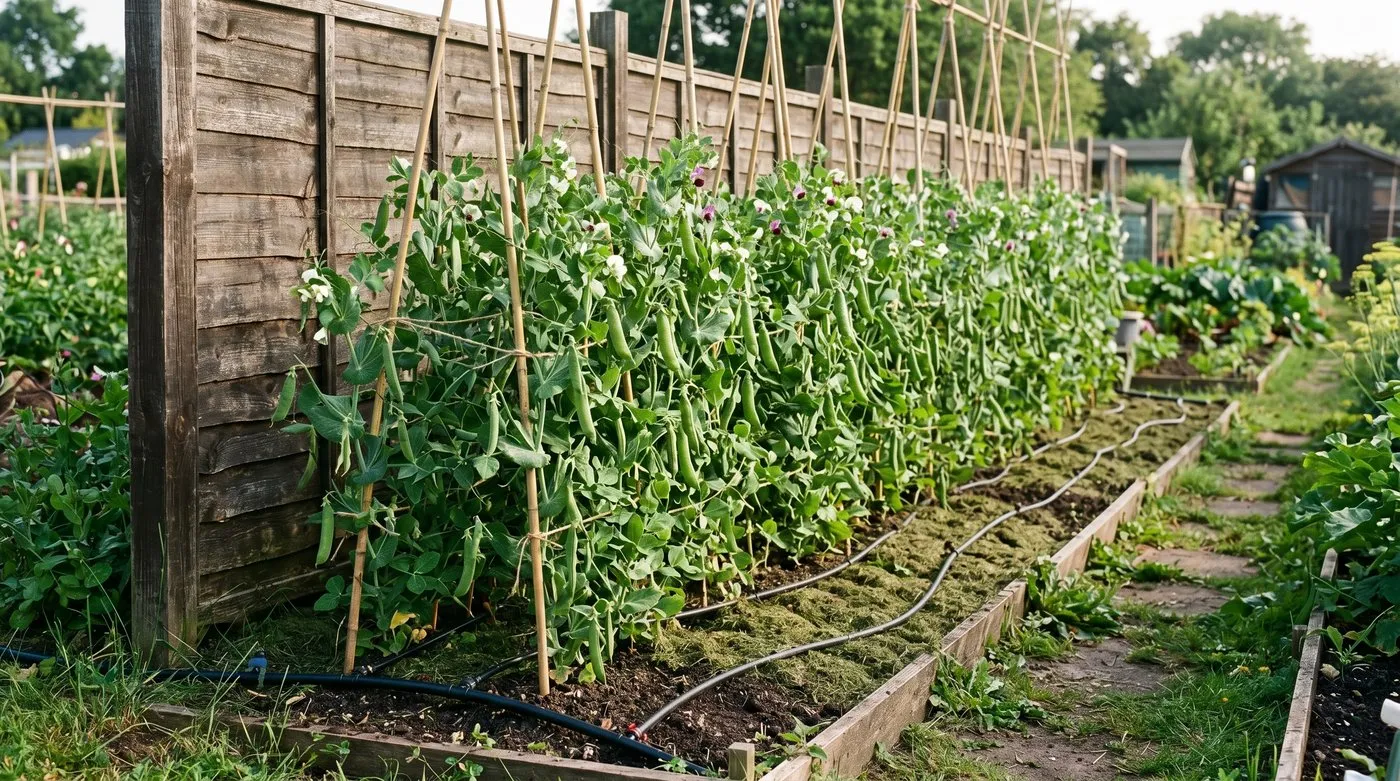 A 6m row of cordon-trained Hurst Greenshaft show peas growing up 2.4m bamboo canes against a south-facing fence in a UK allotment, with drip irrigation lines visible at the base