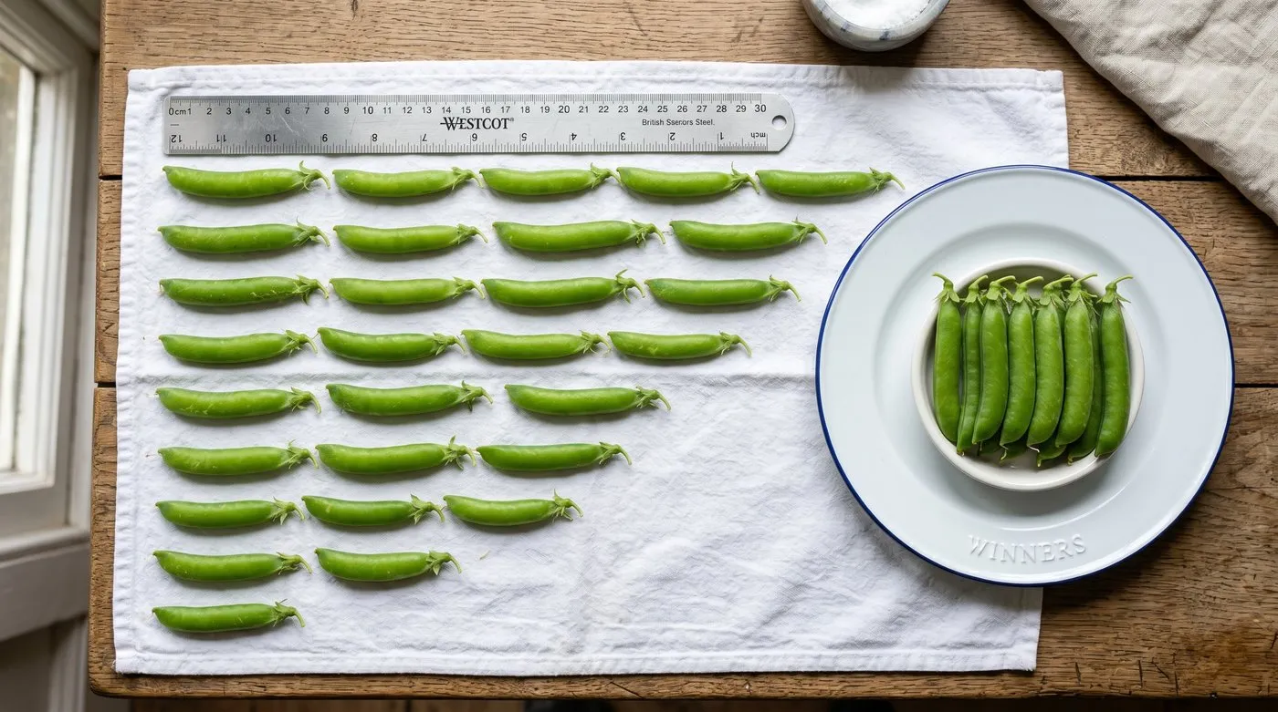 60 freshly picked Hurst Greenshaft pea pods laid out in length-graded rows on a white tea towel on a UK kitchen table, with a steel rule for length measurement and the selected dish of nine separated to the side