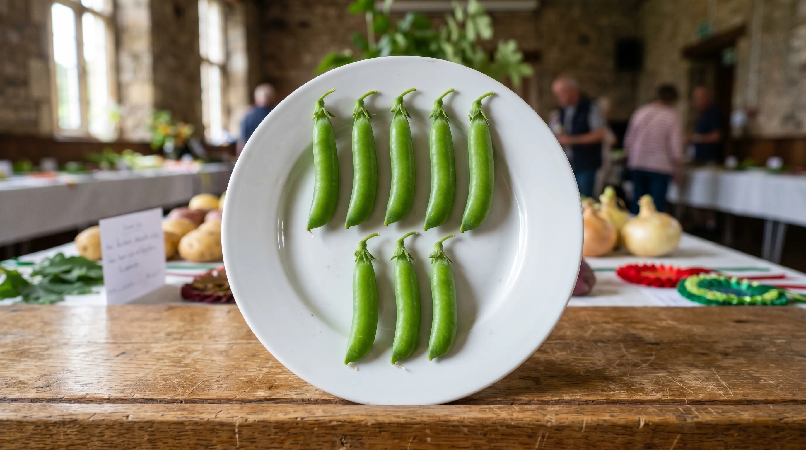 A neatly arranged dish of nine perfectly matched Hurst Greenshaft exhibition pea pods on a white show plate in a UK village hall