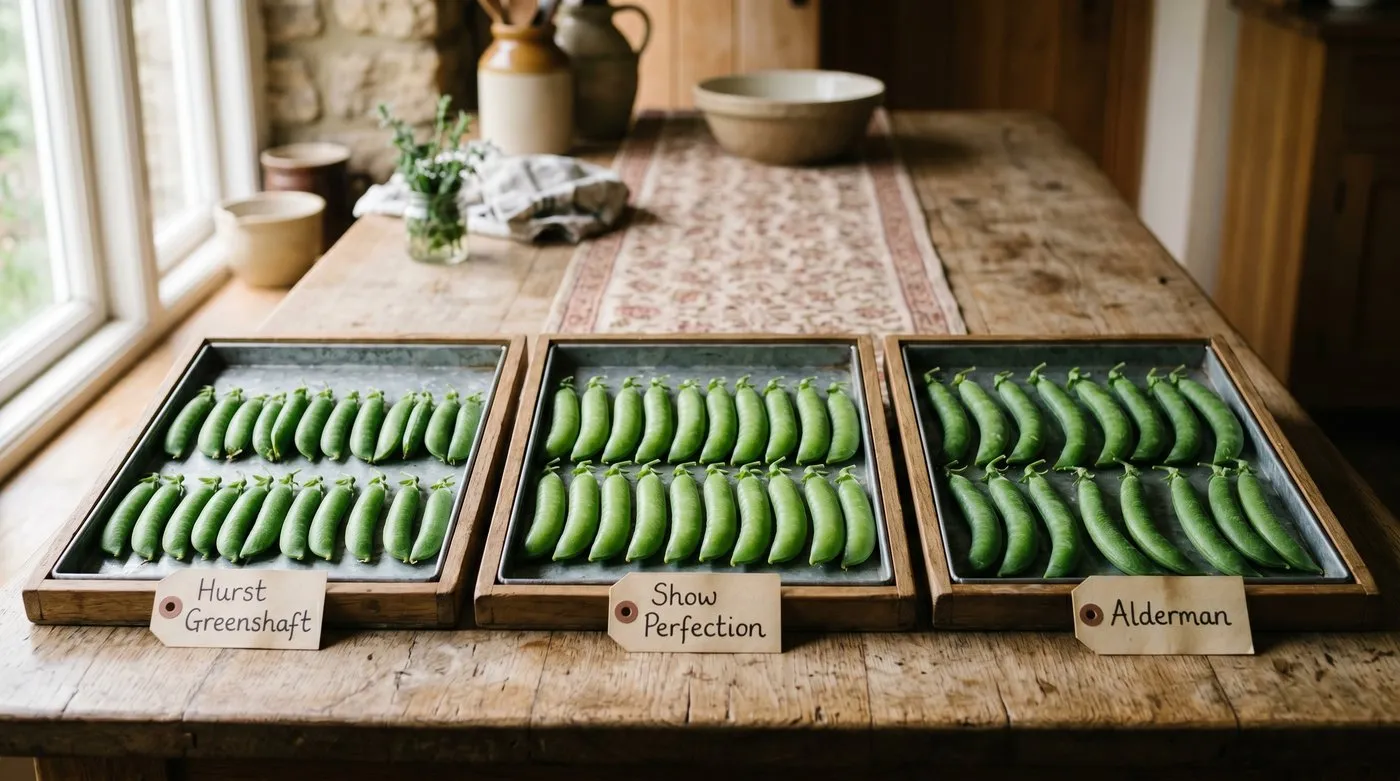 Three flat trays each holding 20 freshly picked pea pods of Hurst Greenshaft, Show Perfection and Alderman varieties, side by side on a Staffordshire kitchen table for comparison
