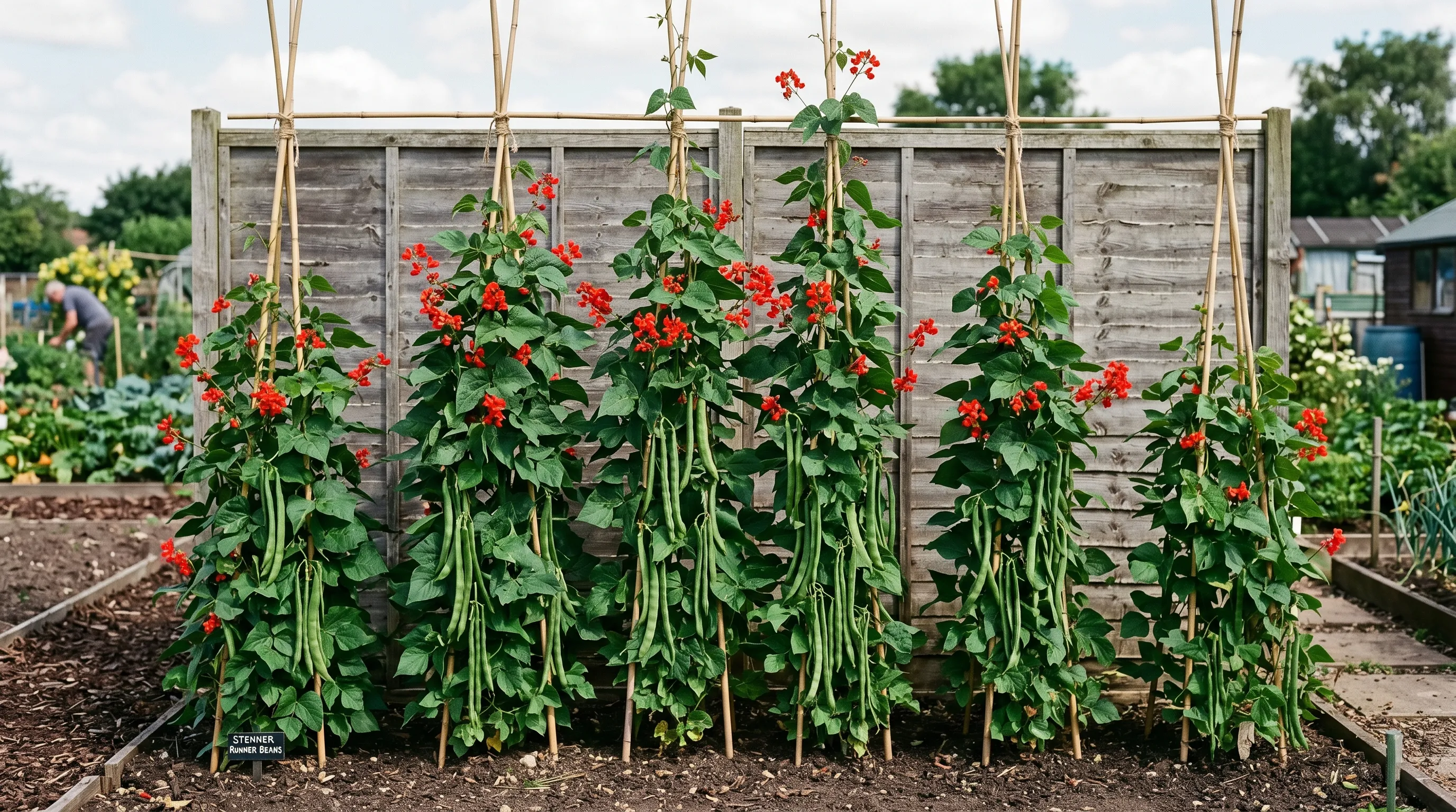 A row of six cordon-trained Stenner runner bean plants growing up 2.7m bamboo canes against a south-facing fence in a UK allotment, side-shoots removed and pods hanging straight