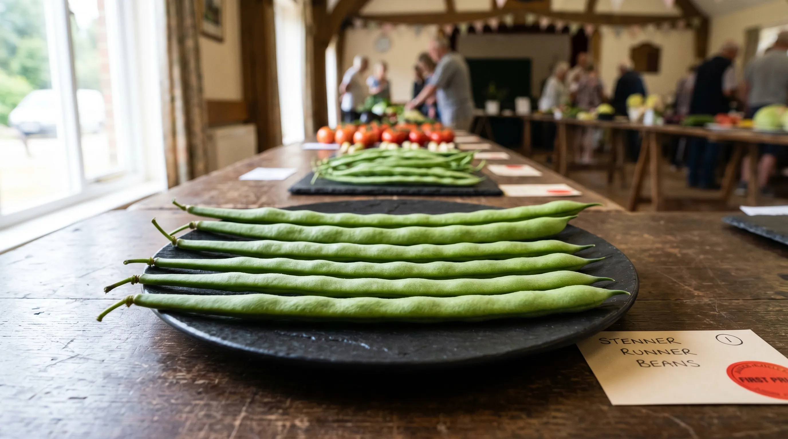 A dish of six perfectly matched Stenner runner bean pods, each over 12 inches long, presented on a black show plate at a UK village hall
