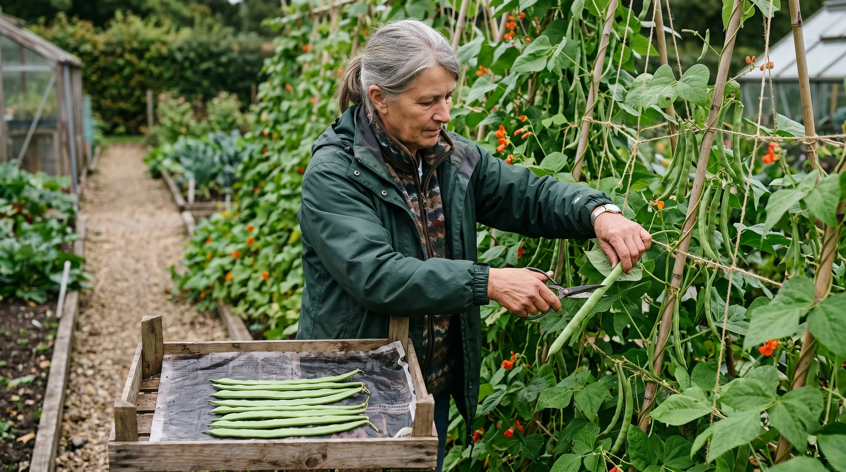A UK exhibitor picking individual Stenner runner bean pods from a cordon-trained plant with sharp scissors, with the picked pods laid in a single layer on damp newspaper in a shallow tray nearby