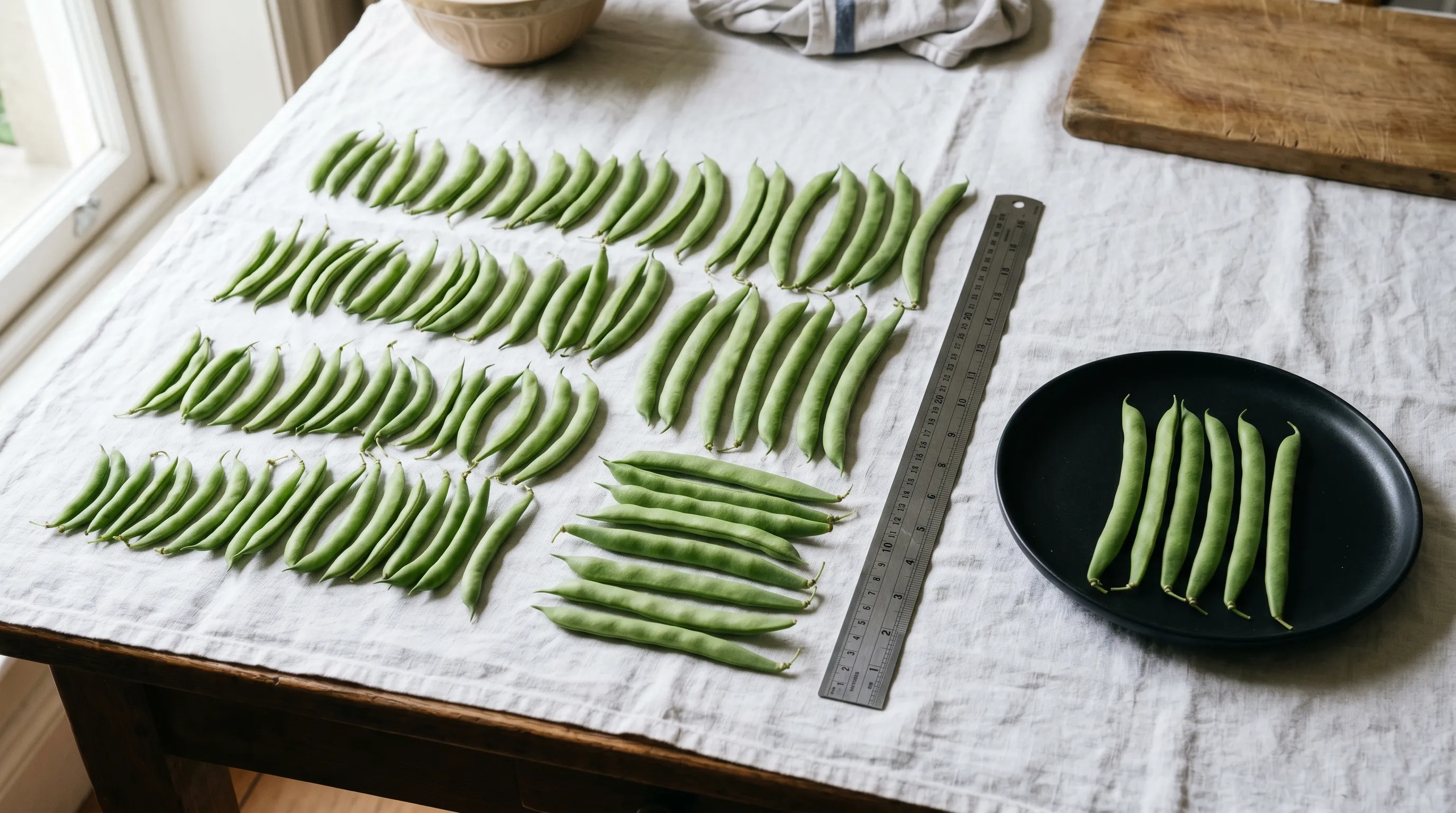 80 candidate Stenner runner bean pods laid out in length-graded rows on a UK kitchen table on white linen, with a 450mm steel rule and a selected dish of six matched winning pods set apart on a black show plate