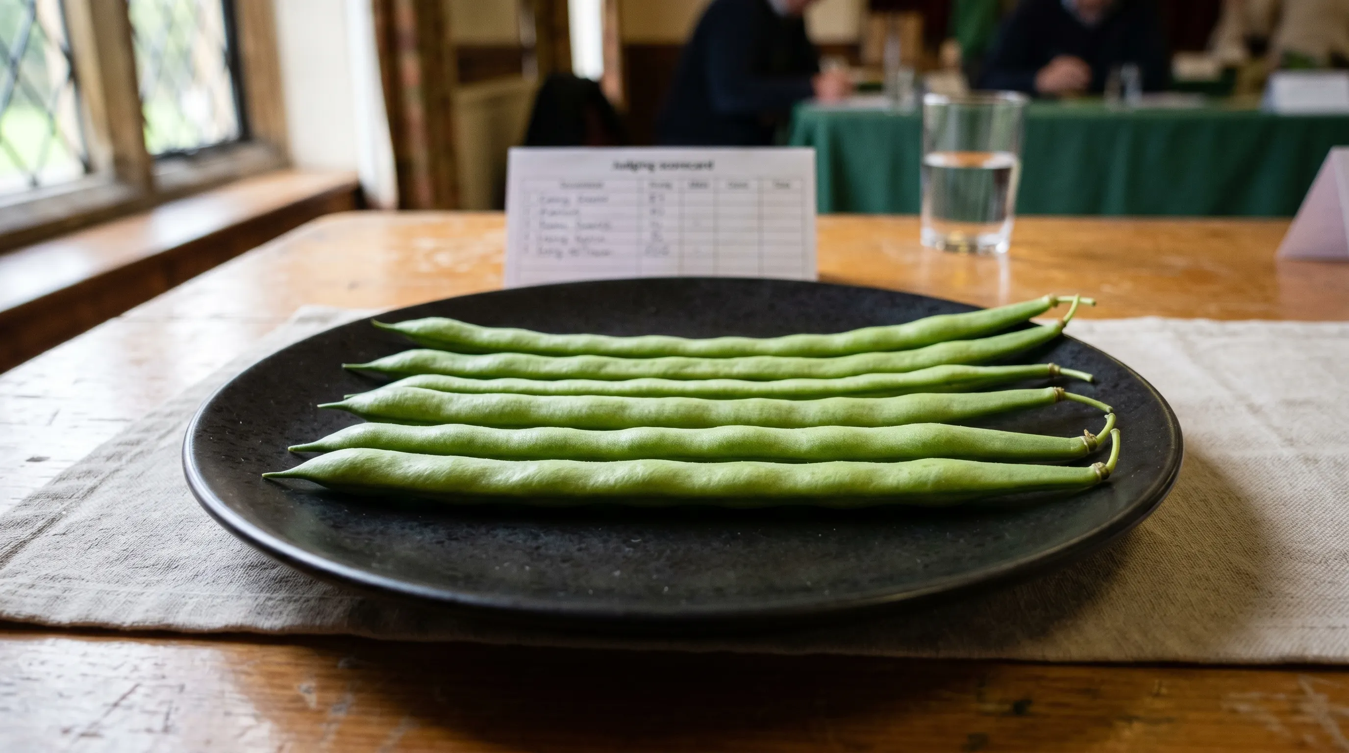 A neatly arranged dish of six perfectly matched Stenner runner bean pods on a black show plate, parallel side by side, stalks pointing toward the judge, longest at the back