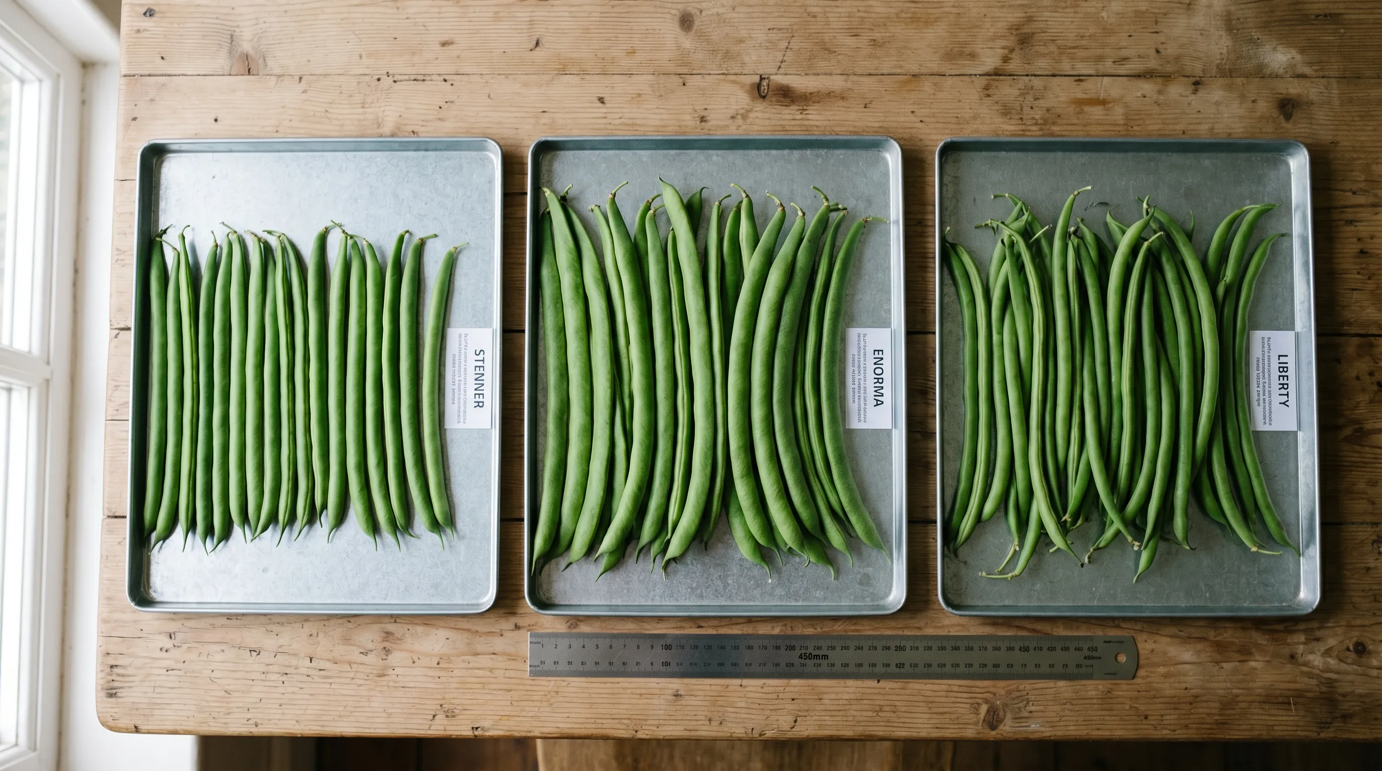 A side-by-side comparison of four runner bean varieties: Stenner, Enorma, Liberty and Achievement Merit, all pods laid on a UK kitchen table next to a 450mm steel rule