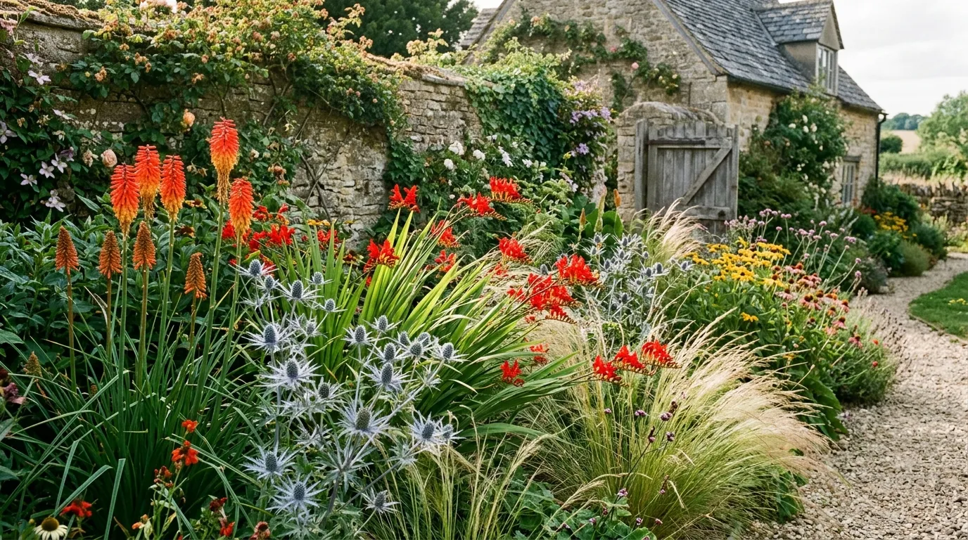 Wind-tolerant perennials and grasses in an exposed UK hilltop garden with stipa, crocosmia, and eryngium