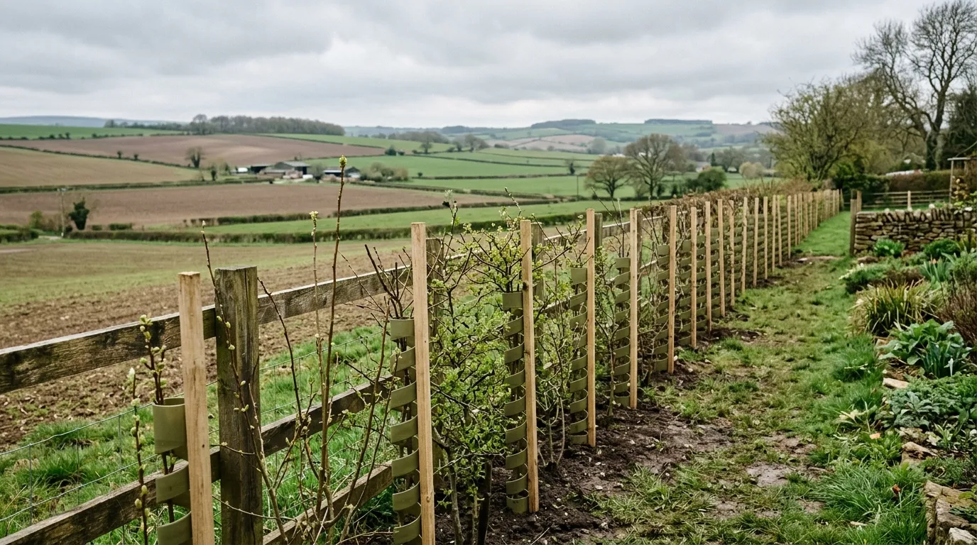 Dense mixed native hedge windbreak on an exposed UK hillside with hawthorn, field maple, and blackthorn