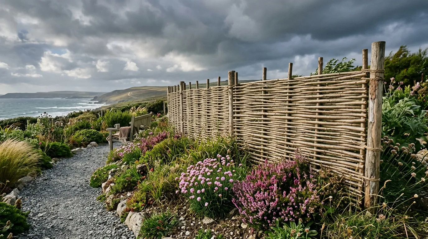 Woven hazel hurdle windbreak screen protecting young hedge plants in an exposed UK garden
