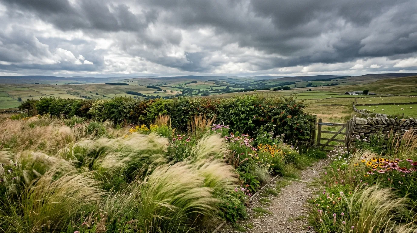 Exposed garden on an elevated UK hillside with a woven hurdle windbreak and wind-tolerant grasses
