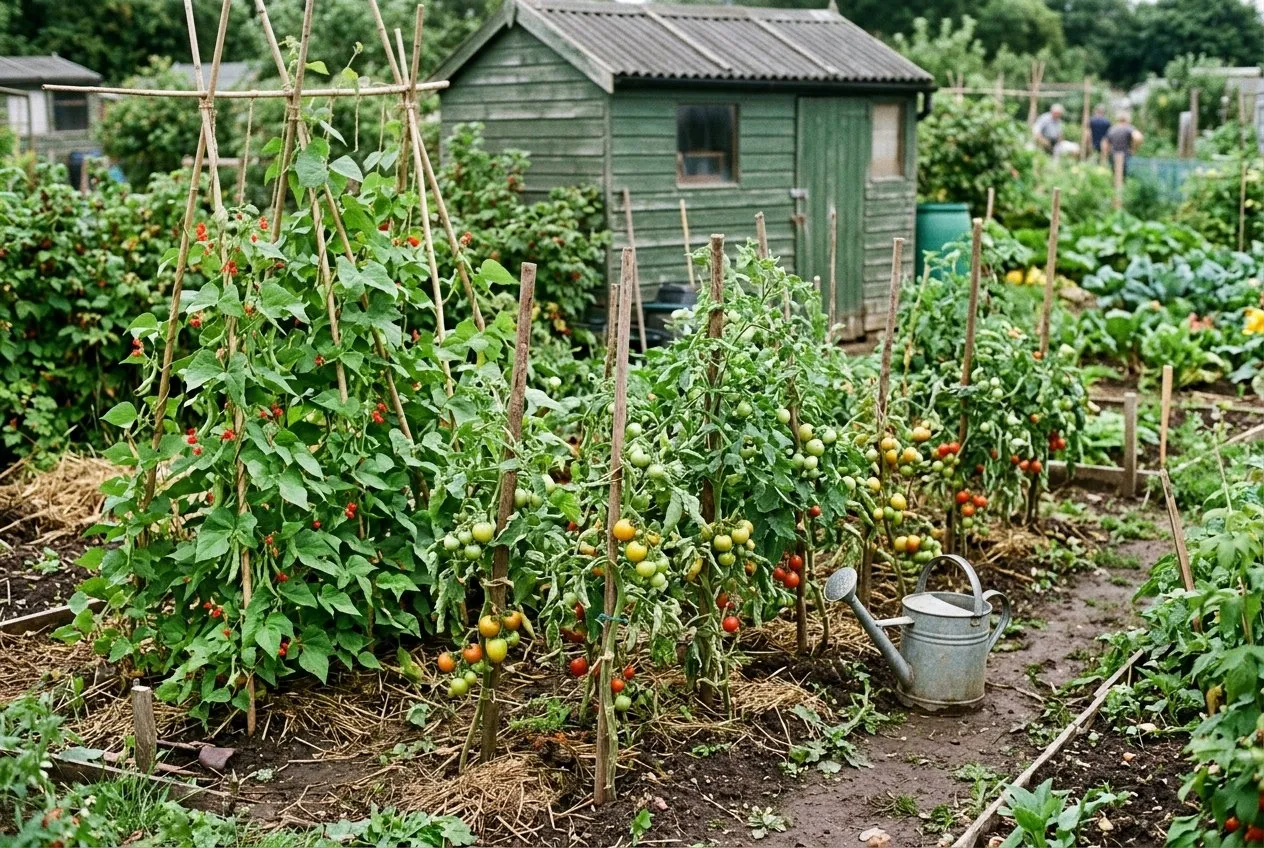 A UK allotment plot with rows of open-pollinated heirloom tomatoes and beans, plants showing natural variation in height and form