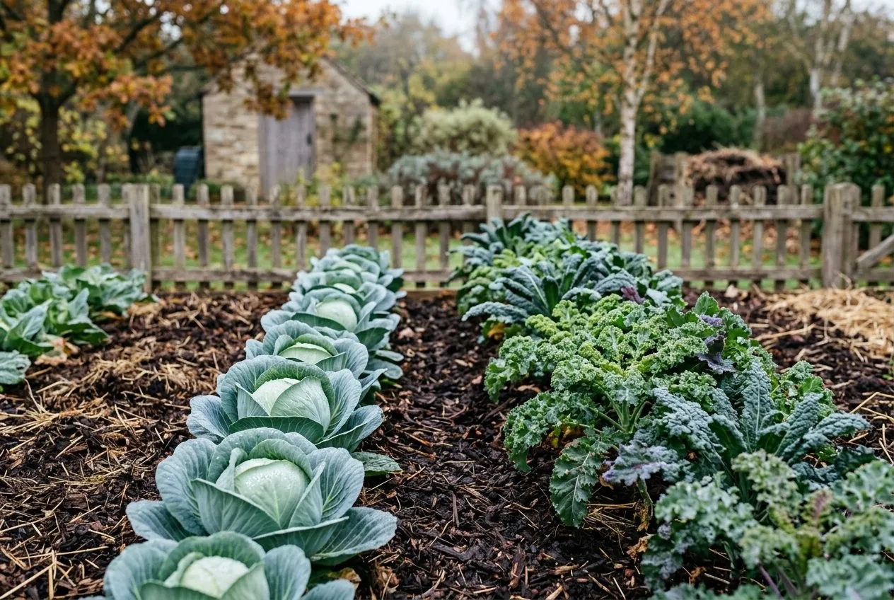 A UK kitchen-garden bed of vigorous F1 brassicas with even, uniform heads beside a row of more variable open-pollinated kale