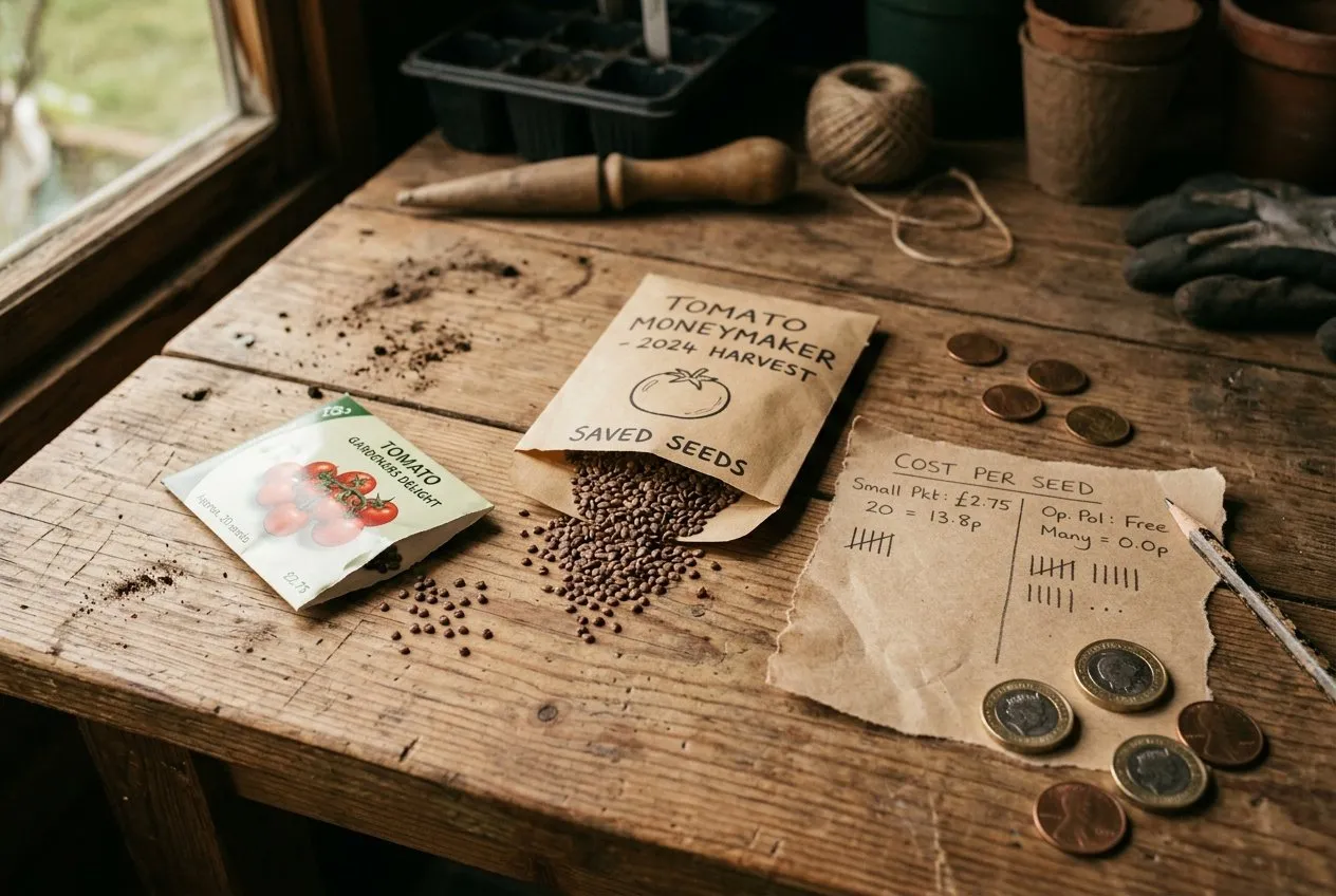 A still life on a UK shed table comparing a few spilled F1 tomato seeds in an expensive packet against many open-pollinated seeds in a cheaper packet with pound coins alongside