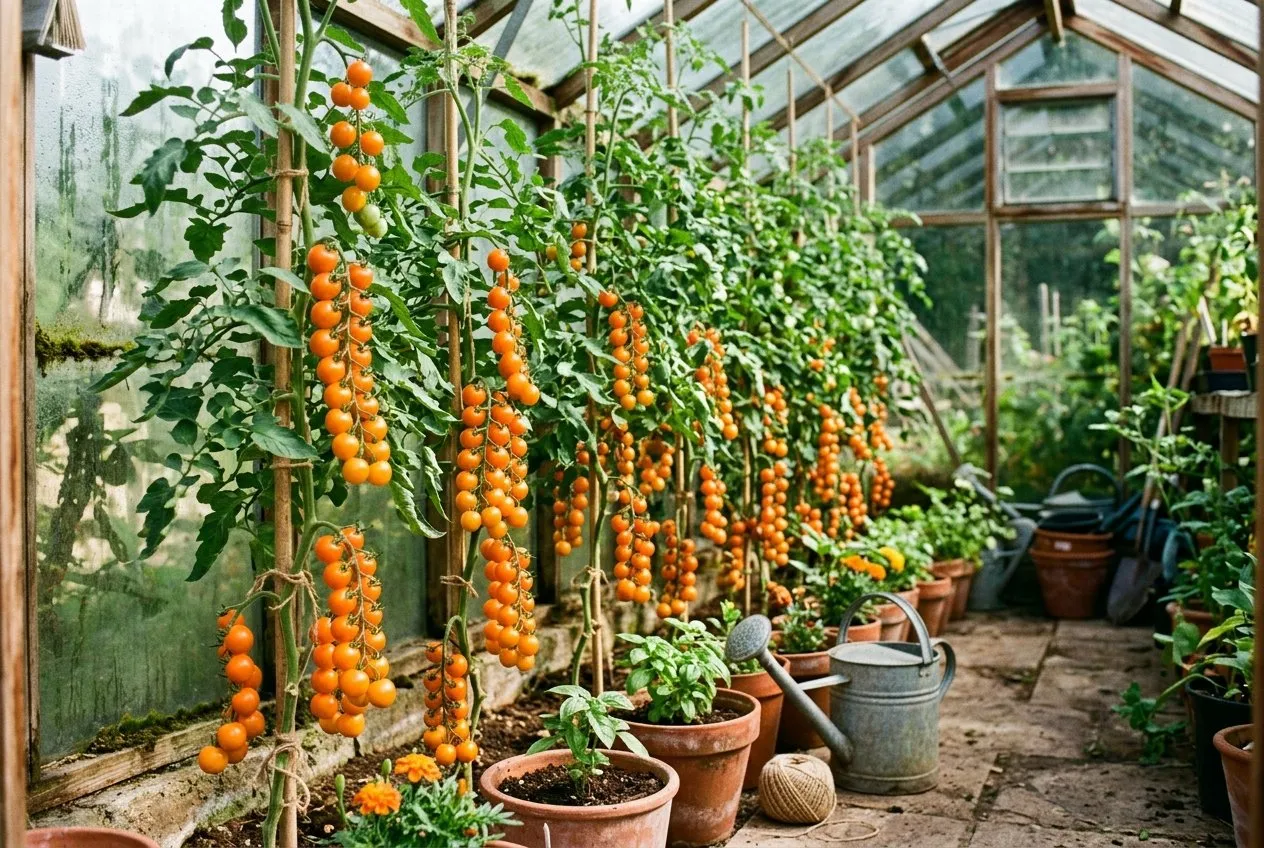 A UK greenhouse interior with vigorous, uniform F1 'Sungold' tomato plants laden with even trusses of orange cherry tomatoes
