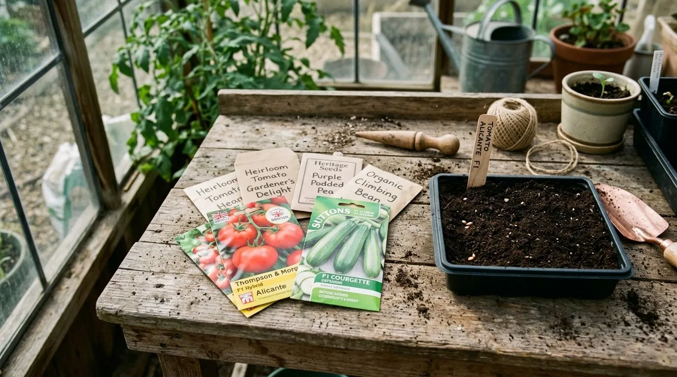 A flat lay of UK seed packets and a half-filled seed tray on a potting bench, F1 hybrid tomato packets beside open-pollinated heirloom packets