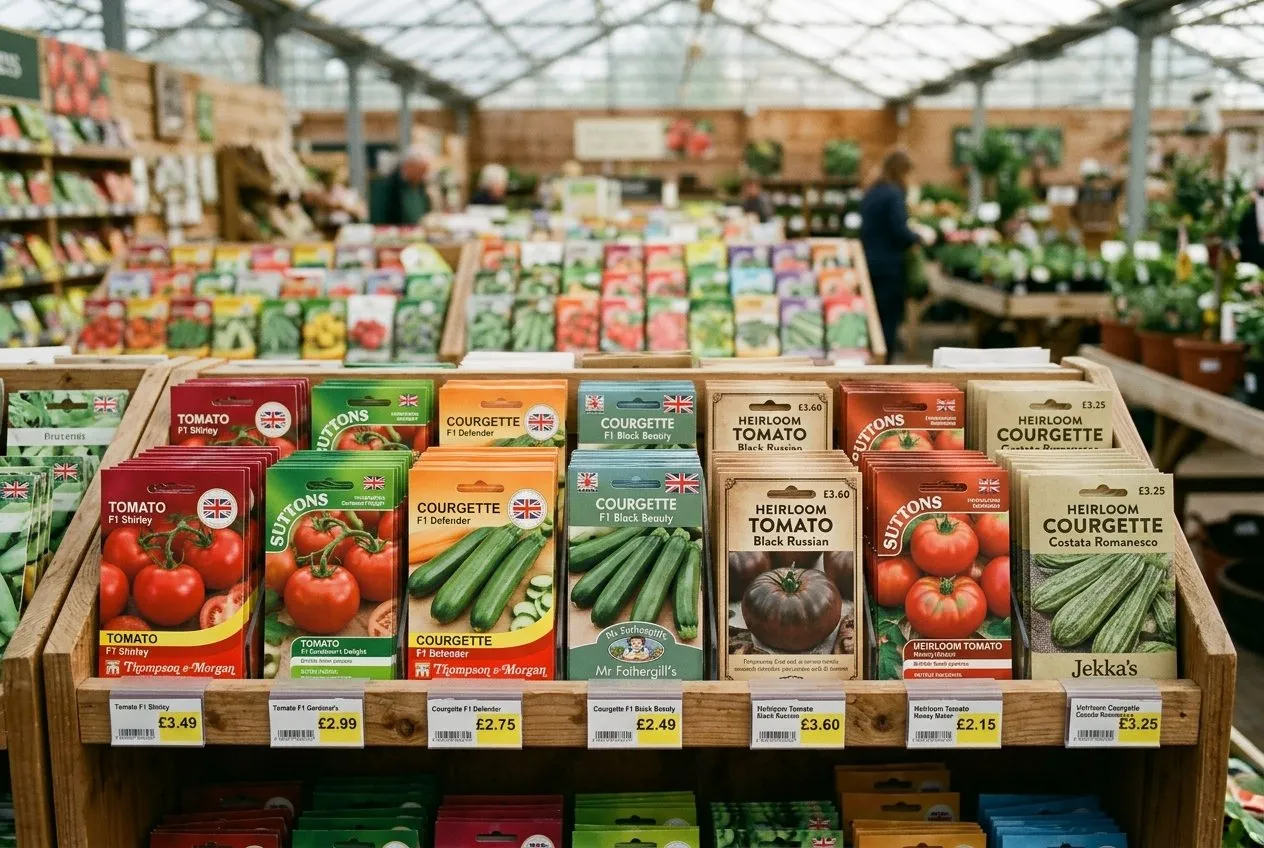 Close-up of a UK seed packet rack in a garden centre showing F1 hybrid tomato and courgette seed packets priced beside open-pollinated heirloom packets