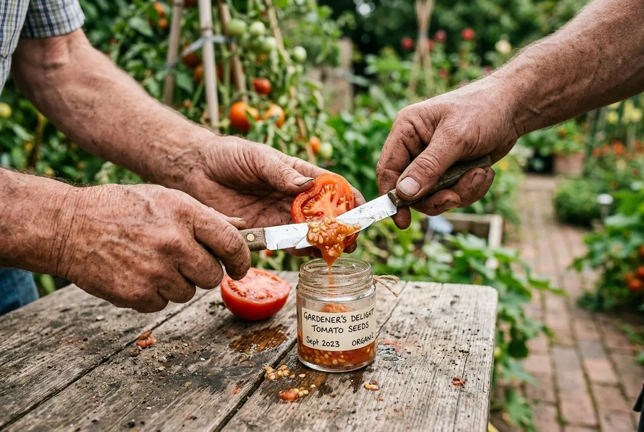 A pair of UK gardener's hands scraping tomato seeds from a halved open-pollinated Gardener's Delight tomato into a labelled jar for saving