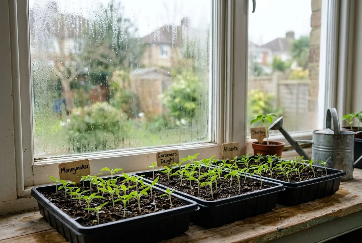 A UK windowsill with seed trays of newly germinated tomato seedlings, some labelled F1 and some open-pollinated, in early spring light