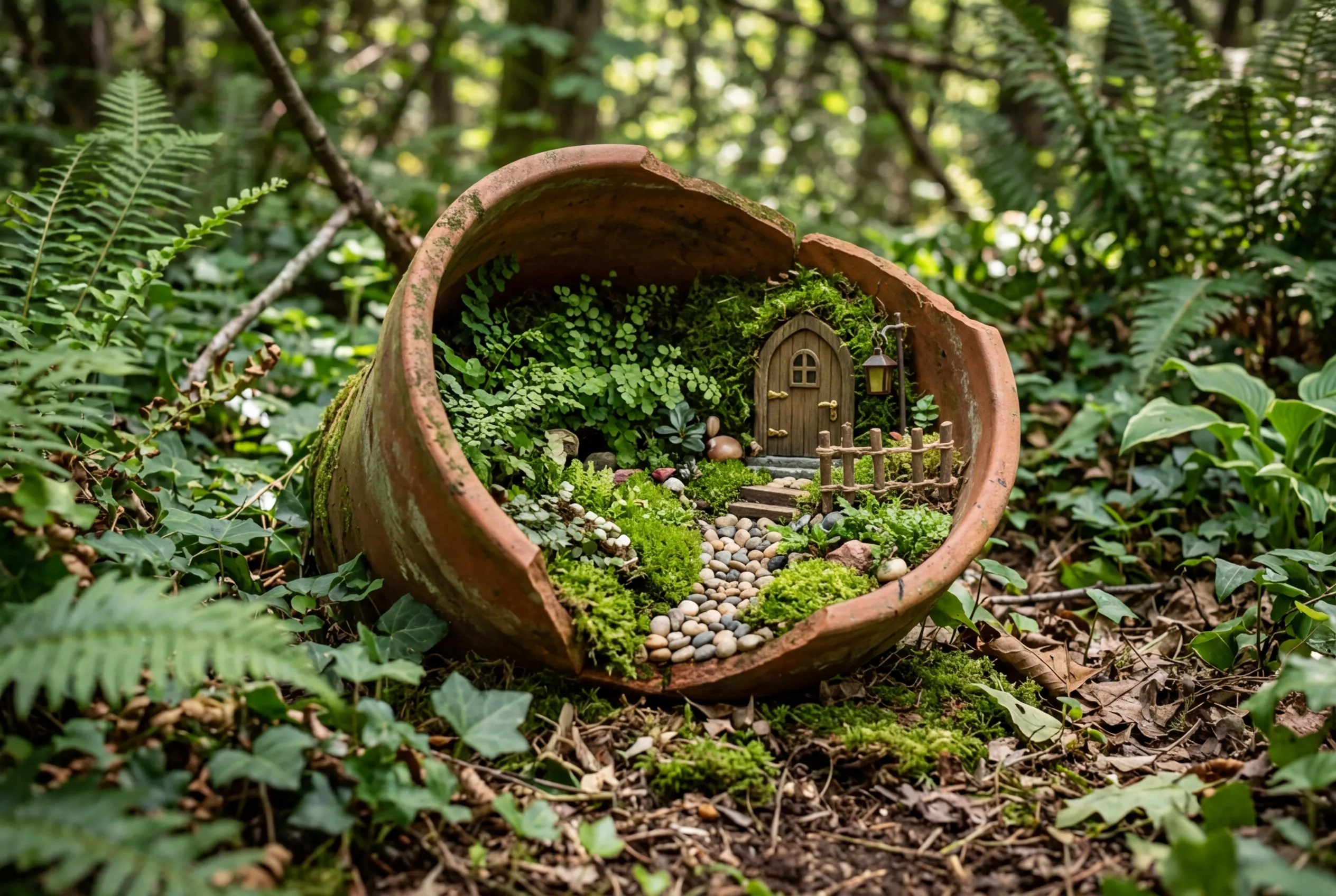 A completed fairy garden in a broken terracotta pot with moss, tiny ferns, and a miniature pebble path in a woodland garden setting