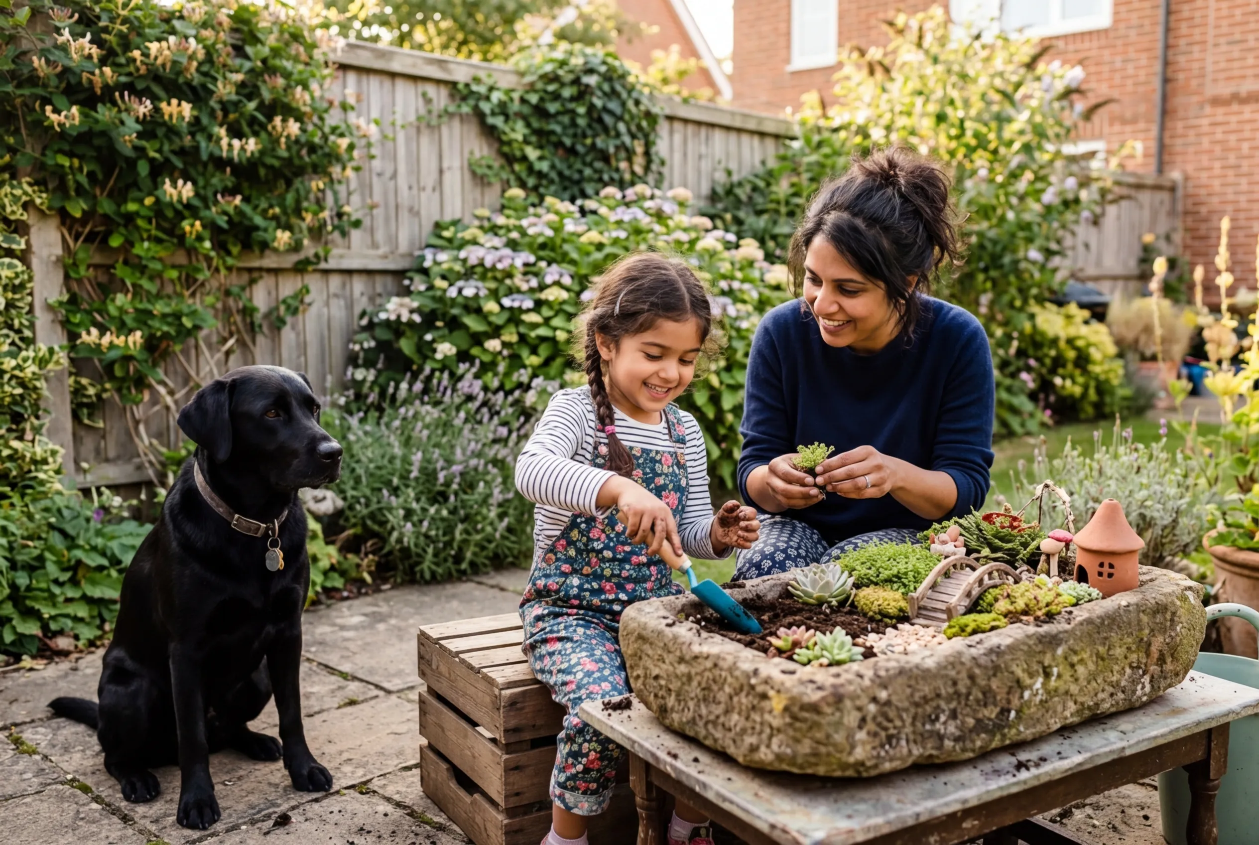 An Indian British mother and her young daughter planting miniature sedums and mind-your-own-business into a fairy garden trough in a UK back garden with a black Labrador watching
