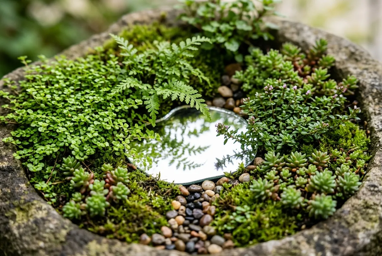 Close-up of fairy garden plants including baby tears, miniature ferns, creeping thyme, and alpine sedums arranged around a small mirror pond in a stone container