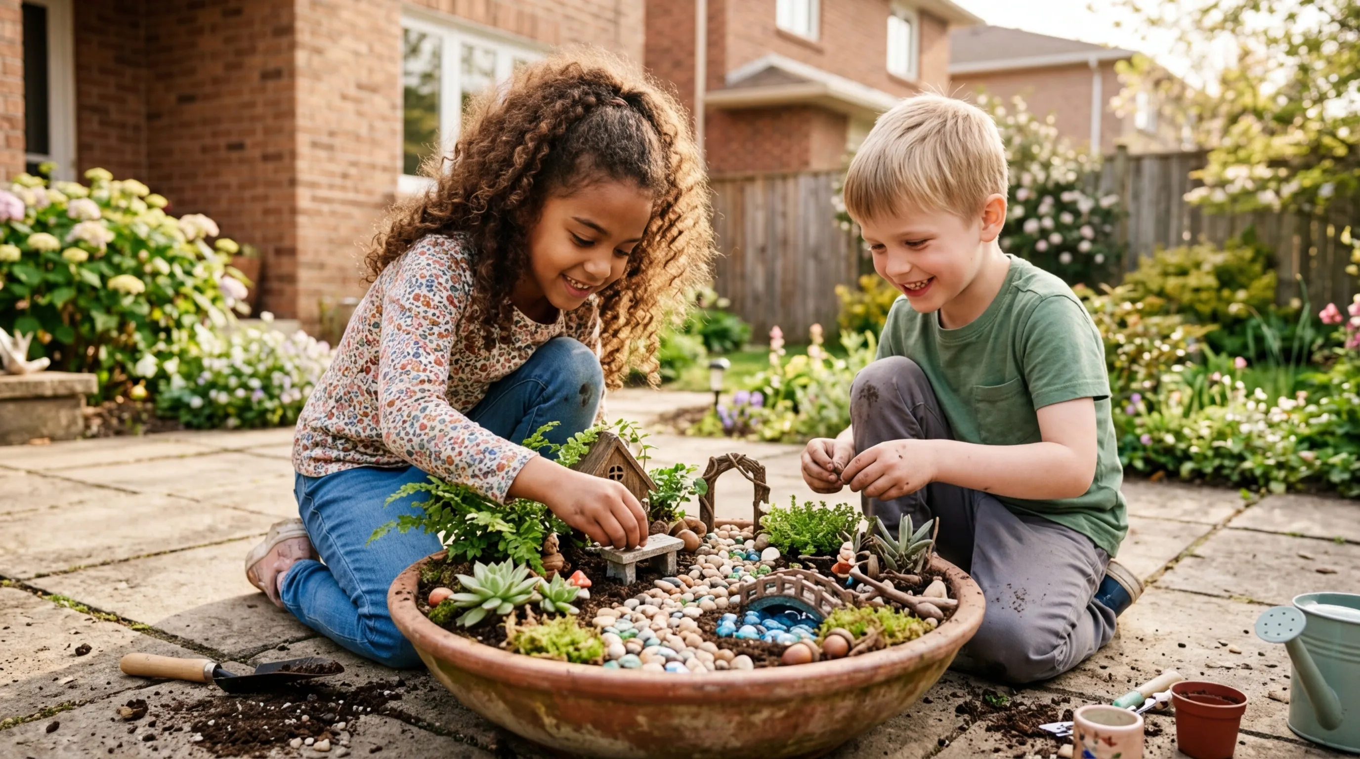 Children making a fairy garden step by step in a shallow container on a suburban patio with miniature plants and pebble paths