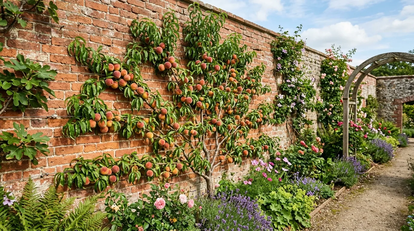 Fan-trained peach tree with ripe fruit against a south-facing brick wall in a UK garden