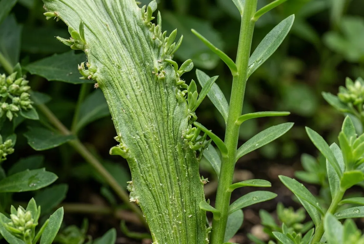 Macro close-up of a flat ribbon-shaped fasciated stem next to a normal round stem on the same plant