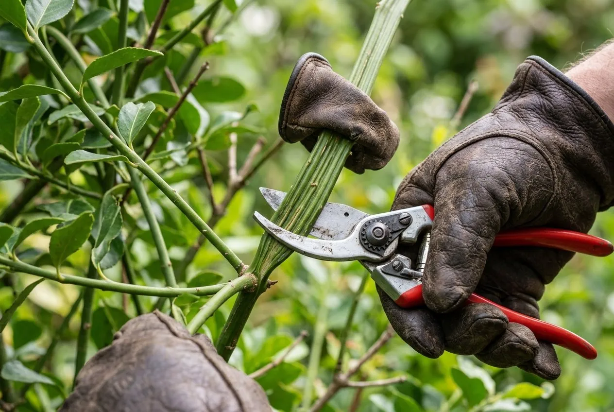 A gloved hand cutting a flattened fasciated stem back to normal round growth with clean secateurs