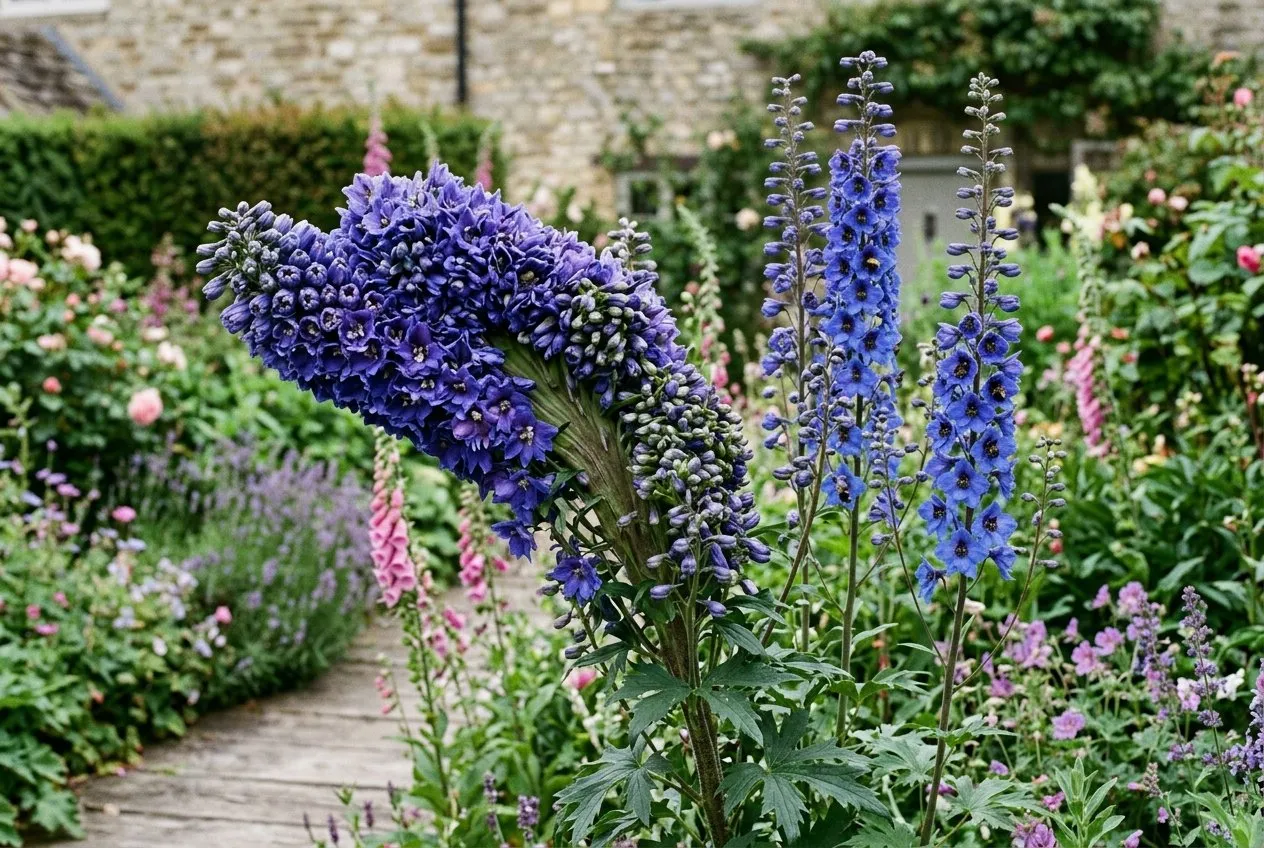 A delphinium with one dramatically broadened, flattened fasciated flower spike beside normal narrow spikes