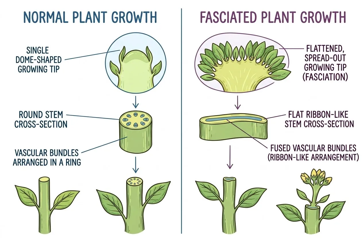 Diagram comparing a normal single dome-shaped growing tip with a flattened spread-out fasciated growing tip producing a ribbon stem