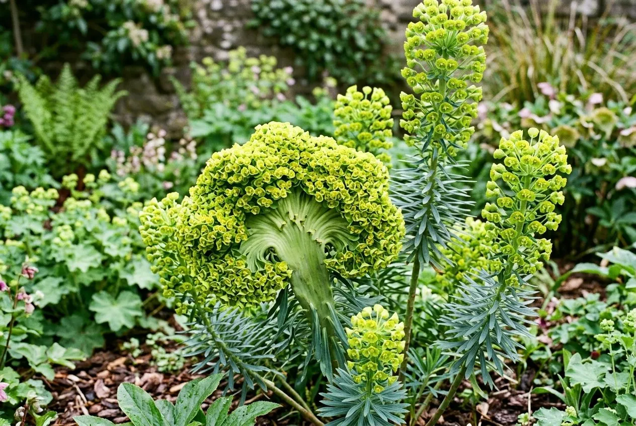 A fasciated Euphorbia characias with a broad flattened lime-green flower head among normal upright stems