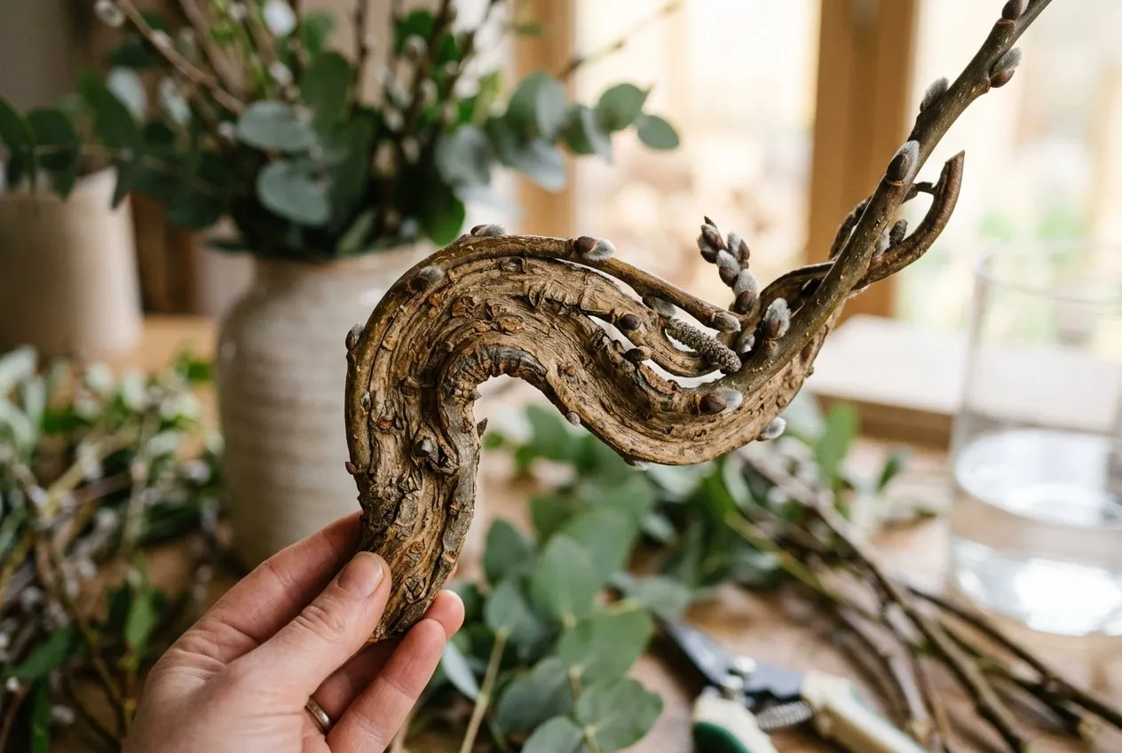 A curling fantail willow Salix Sekka stem showing decorative flattened growth used in flower arranging